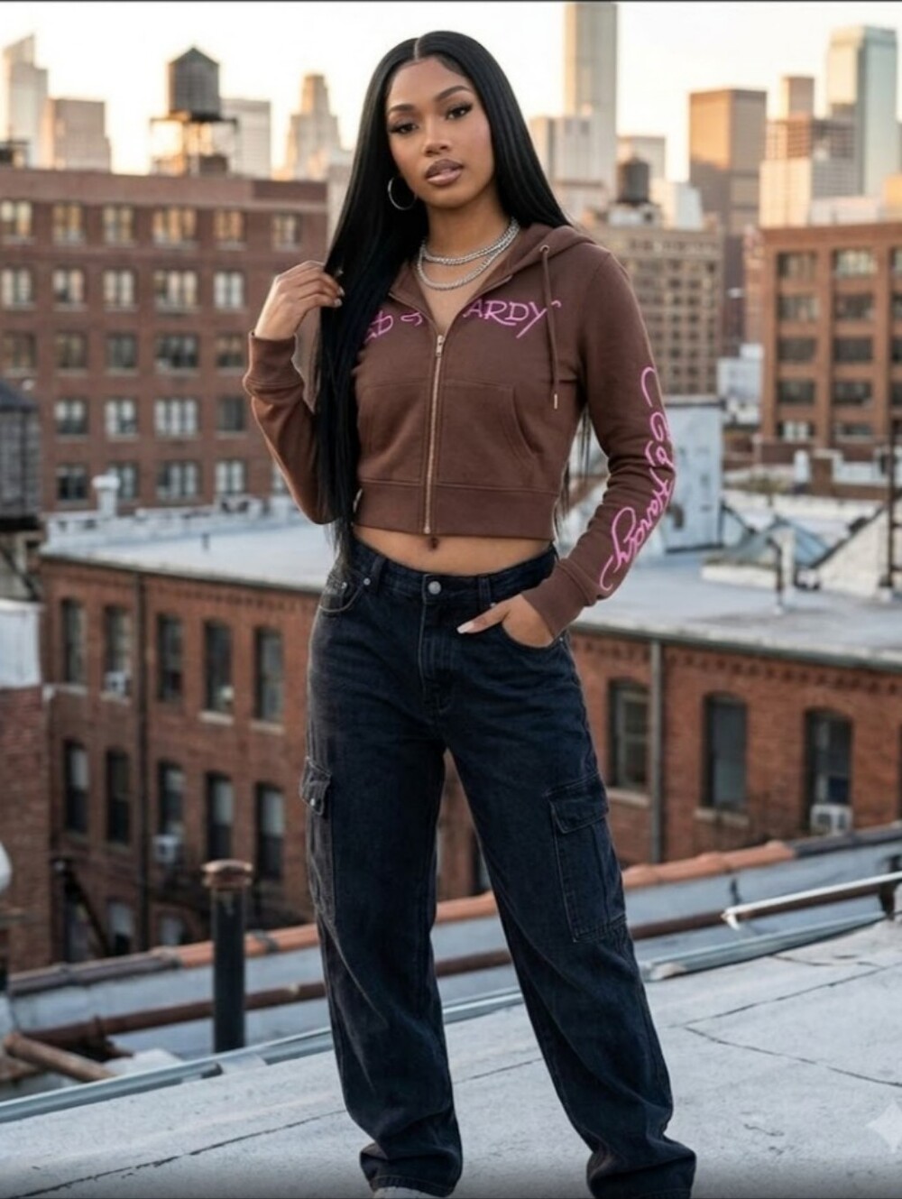 New Ed Hardy Classic Tiger Zip Front Cropped Hoodie